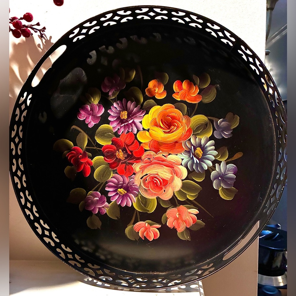 Vintage hand-painted floral toleware tray, Fine Arts Studio, Philadelphia, PA.